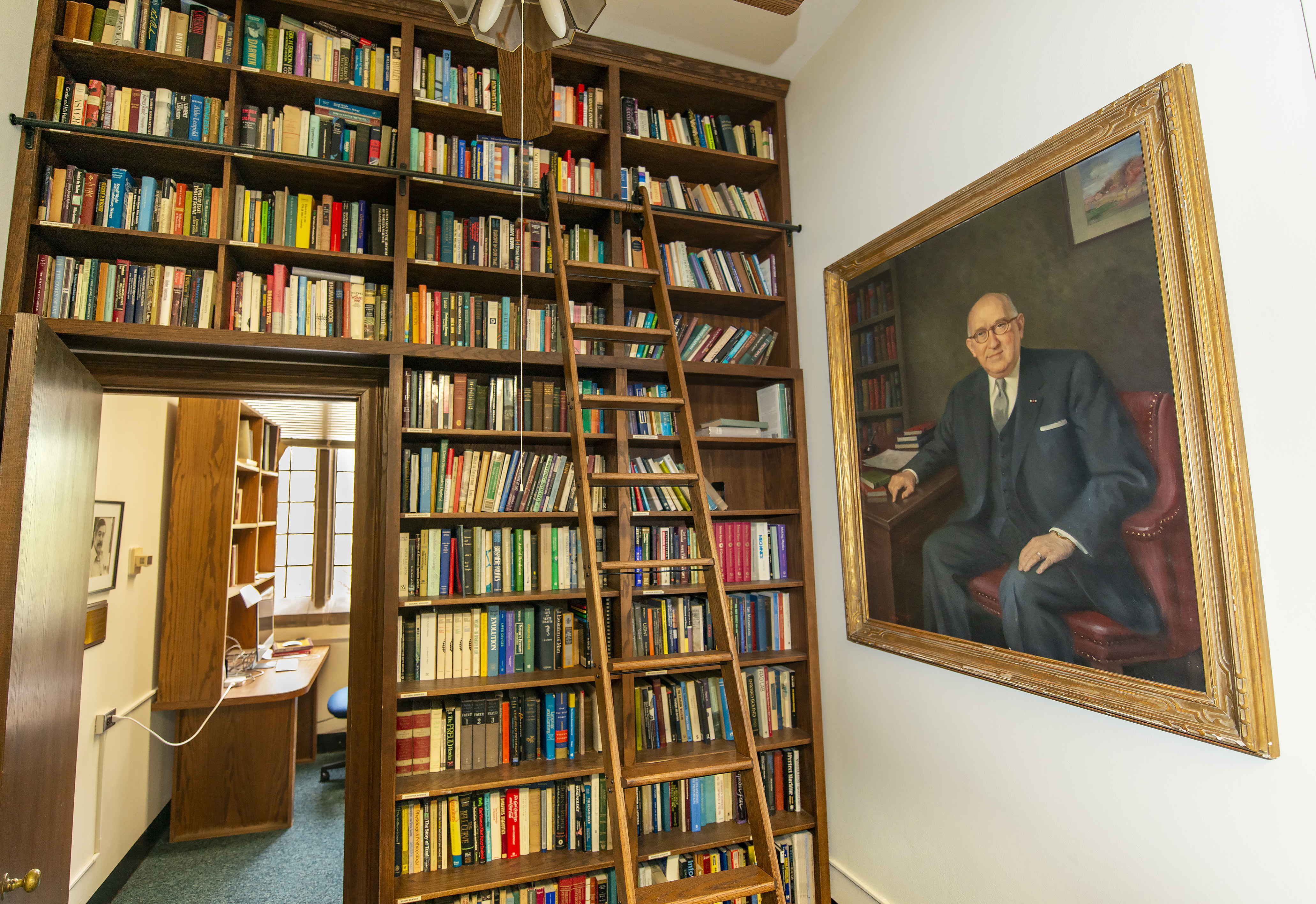 Bookshelf and painting of man