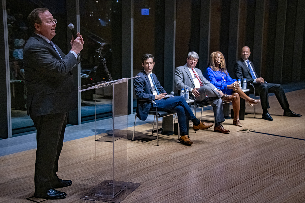 Left to Right – Robert Pape at the podium, moderator Sam Levine, Gabe Sterling, LaTosha Brown, and Aaron Ford at Chicago Project on Security & Threats event