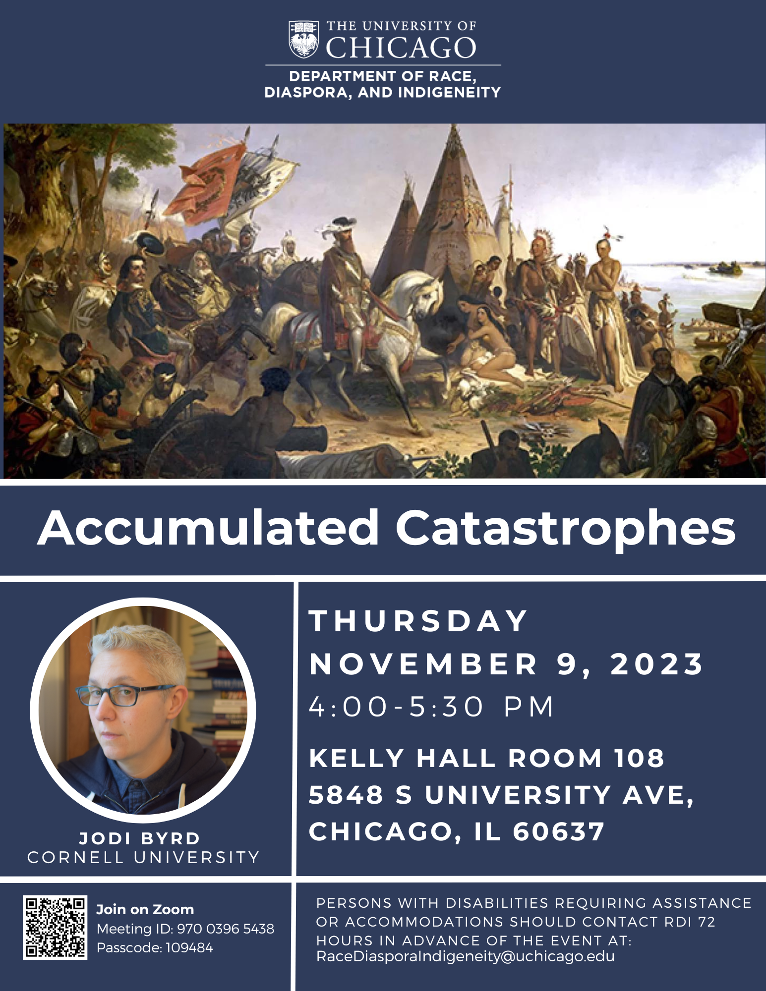 Flyer for Jodi Byrd job talk titled. Accumulated Catastrophes