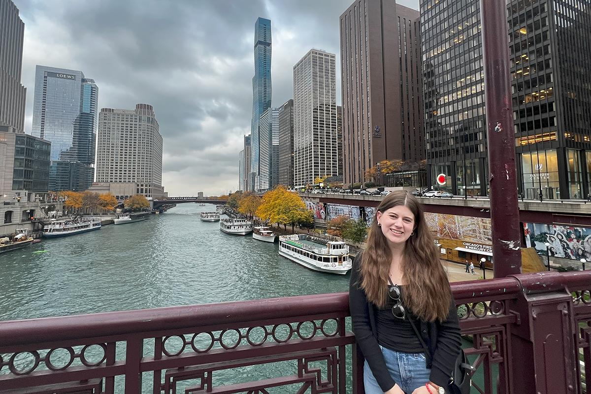 Julianne Downing with the city of Chicago behind