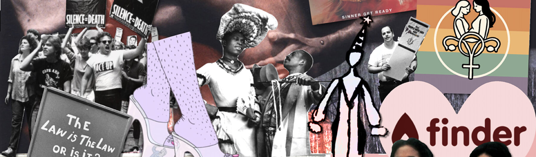 A collage of cutout graphics and photos.