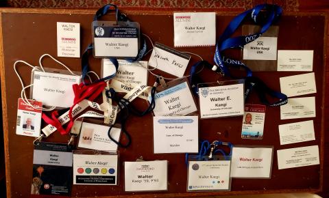 nametags from a variety of conferences and events attended by Kaegi