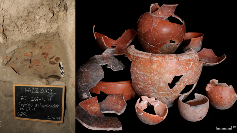 An unusual group of objects discovered at El Zotz (left), including pottery fragments, ceramic figurines, worked and unworked animal bones, human remains and stone objects. Several reconstructed vessels are at right.