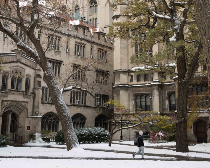 social sciences quad in fall after an overnight snowstorm