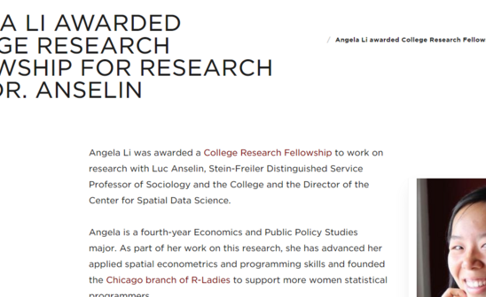 ANGELA LI AWARDED COLLEGE RESEARCH FELLOWSHIP FOR RESEARCH WITH DR. ANSELIN