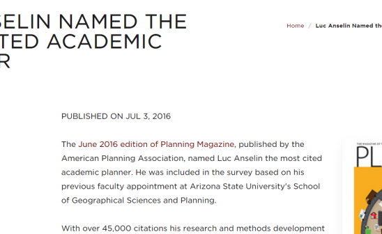 LUC ANSELIN NAMED THE MOST CITED ACADEMIC PLANNER