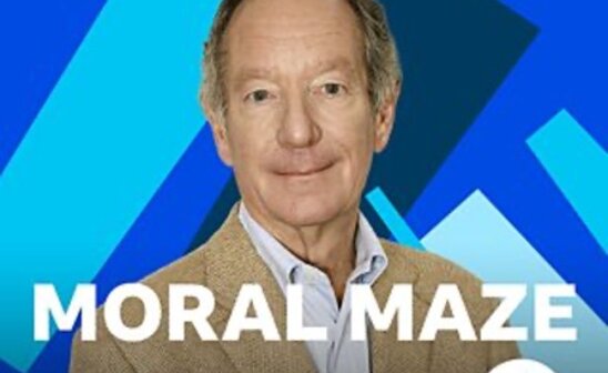 Man against a blue geometric background with the words BBC and Moral Maze