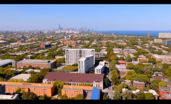 Aerial view from Hyde Park towards the Chicago Skypline