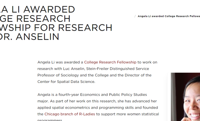 ANGELA LI AWARDED COLLEGE RESEARCH FELLOWSHIP FOR RESEARCH WITH DR. ANSELIN