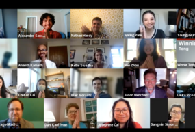 thirteen masters and PHD students participating in the three minute thesis competition over Zoom