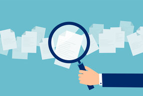 illustration of person with spyglass looking through papers