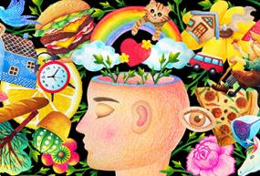 Colorful graphic with a head open at the top with clocks, kittens, rainbows, pizza, flowers, birds and houses all around it.