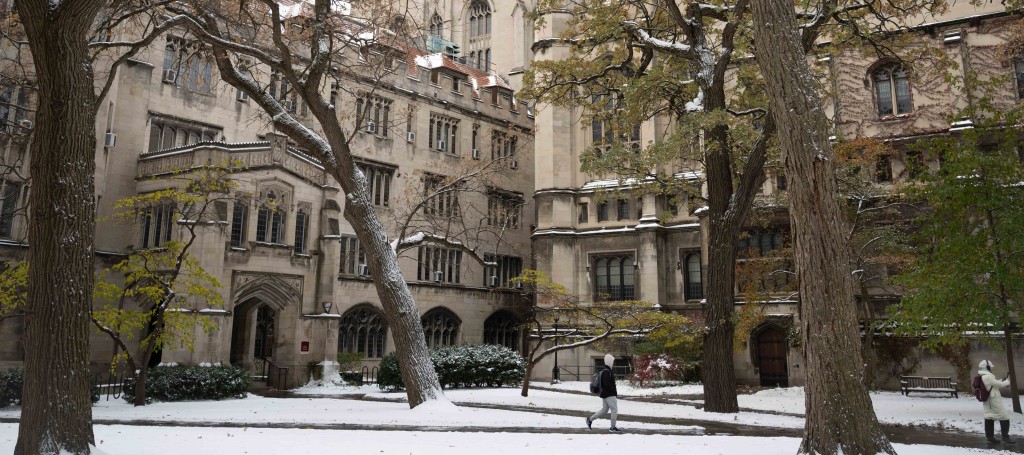social sciences quad in fall after an overnight snowstorm